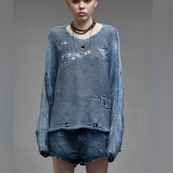 R13 Distressed Boyfriend Crewneck Sweater in Indigo Blue Size XS - Picture 1 of 13